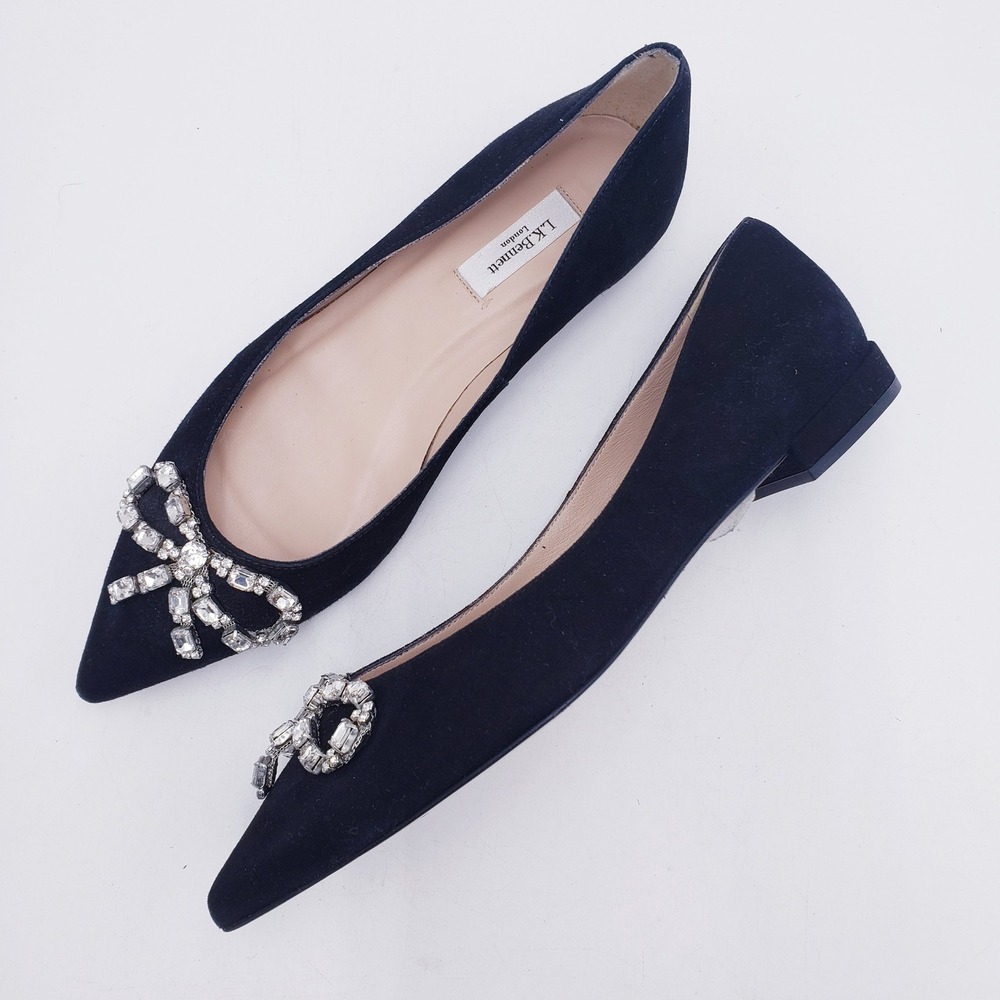 L.K.Bennett Elin Black Suede Crystal Bow Pointed Toe Flats Slip On 37‎ US 7